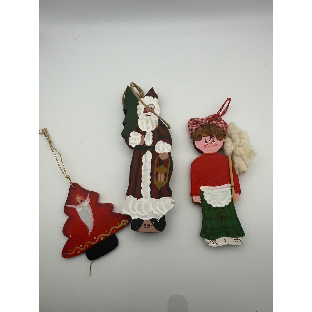 Vintage Hand Painted Wooden Christmas Ornaments Set 3 Santa Folk Art Primitive